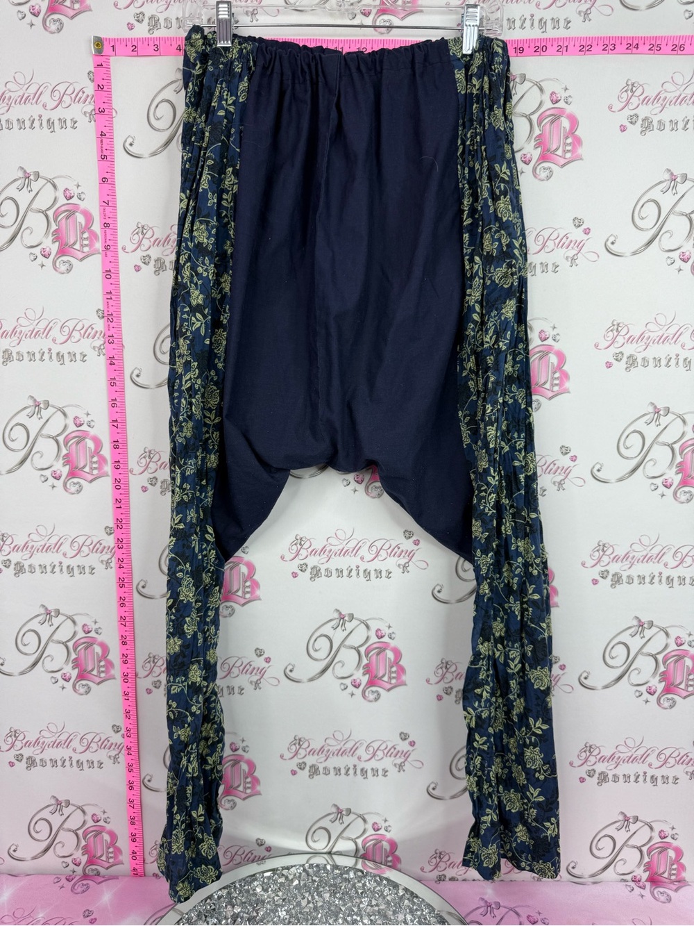 Harem Navy Drop-Crotch Harem Pants with Floral Side Panels